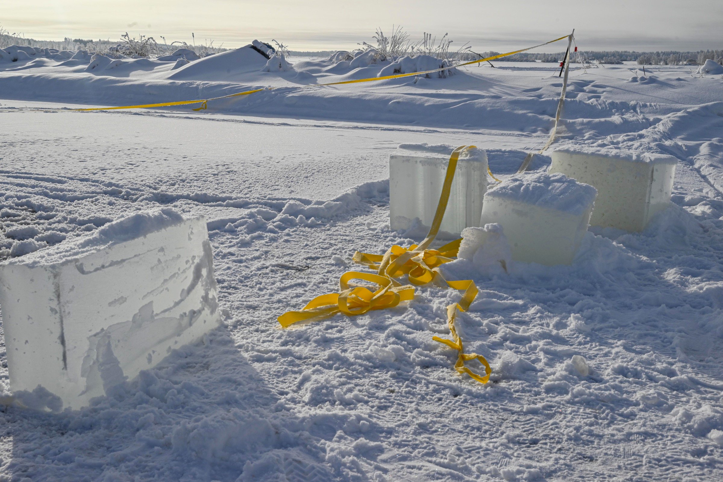 Jäinen järven jää, josta otetaan sahalla jääpalikoita.